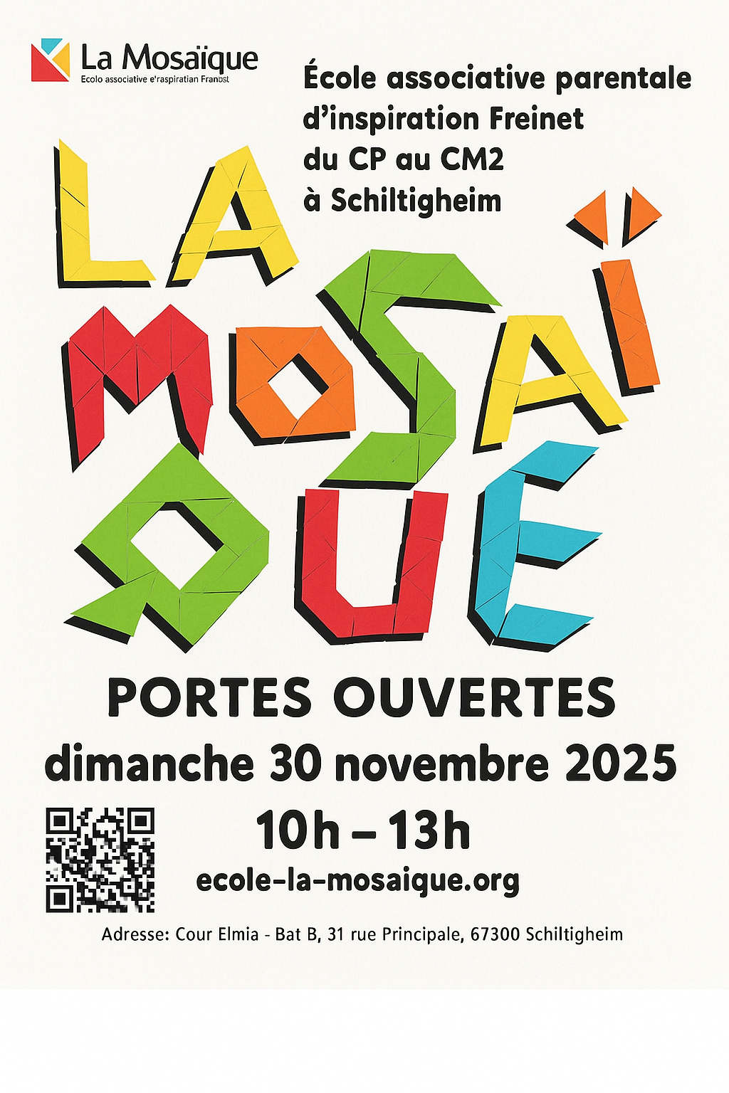 Portes Ouvertes Ecole Primaire La Mosaïque à Schiltigheim le 30 novembre 2025
